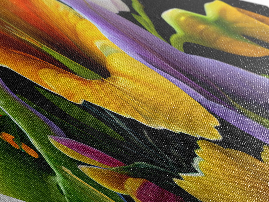 Midnight Bloom Glow Diamond Shaped Canvas Embossed Print with bold floral close-up, colorful petals on black, dramatic flower wall art