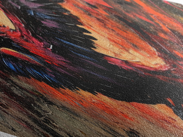 Fiery Phoenix Flight Diamond Shaped Canvas Textured Print red black bird in motion dynamic modern expressionism bold home wall statement