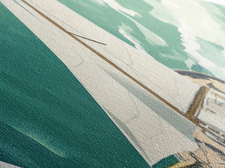 Serene Sailing Calm Diamond Shaped Canvas Textured Print illustrated boat over green sea minimalist marine design tranquil beach house vibe