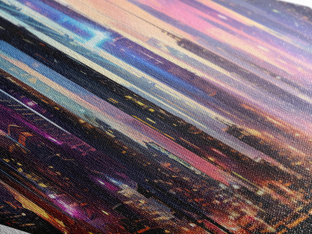 Neon Skyline Dreams Diamond Shaped Canvas Textured Print futuristic cyberpunk cityscape urban skyline glowing night downtown wall art
