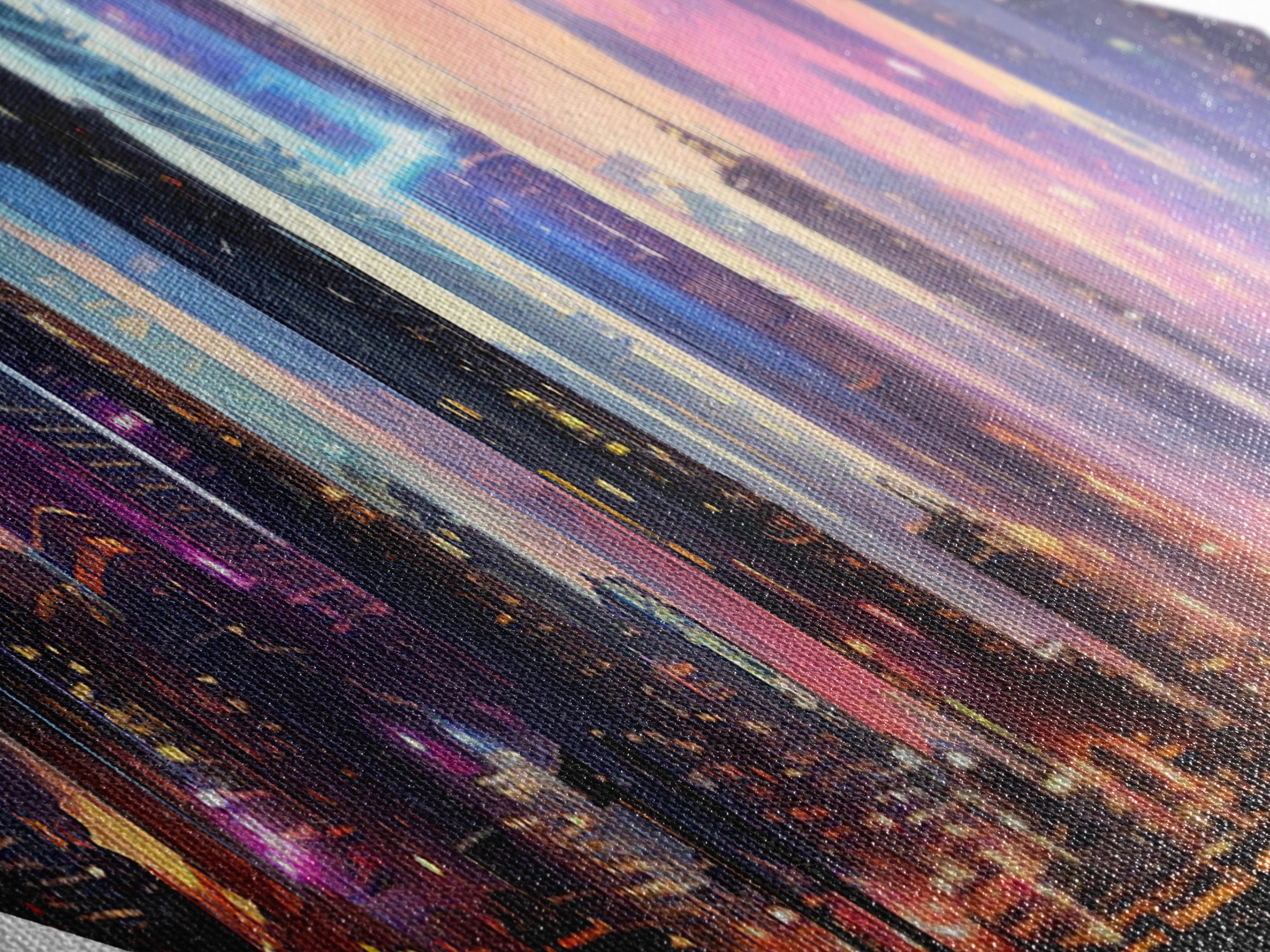 Neon Skyline Dreams Diamond Shaped Canvas Textured Print futuristic cyberpunk cityscape urban skyline glowing night downtown wall art