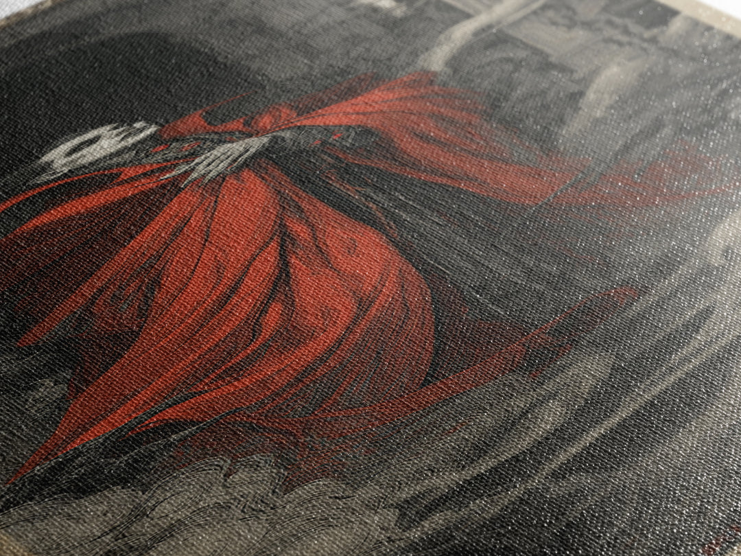 The Crimson Vampire, Architectural Etching Art, Tall Narrow Wall Art, Dark Fantasy Wall Art, Canvas Print, Halloween Wall Art