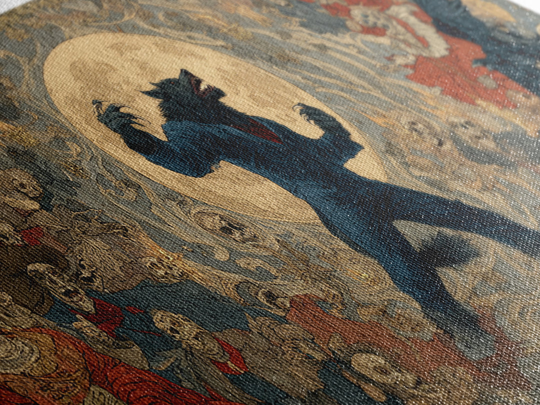 The Moon-Cursed Werewolf, Grotesque Carnival Art, Wide Panoramic Art, Dark Fantasy Wall Art, Canvas Print, Halloween Wall Art