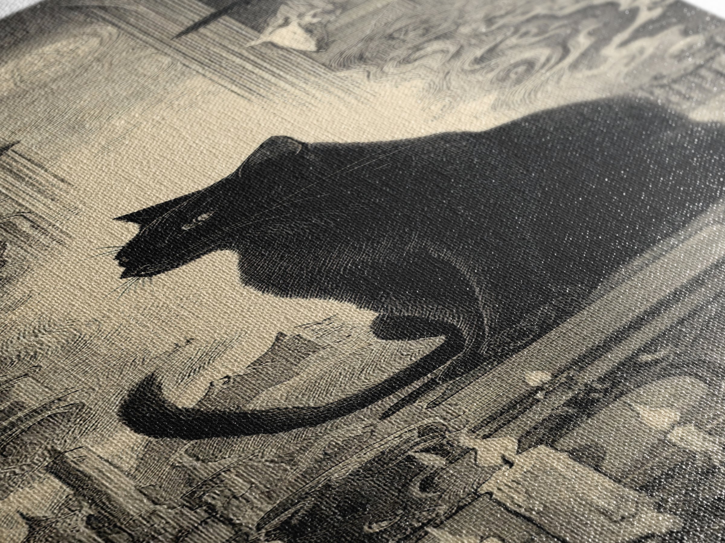 The Black Cat Familiar, Gothic Engraving Art, Tall Narrow Wall Art, Macabre Wall Art, Framed Canvas Print, Halloween Wall Art
