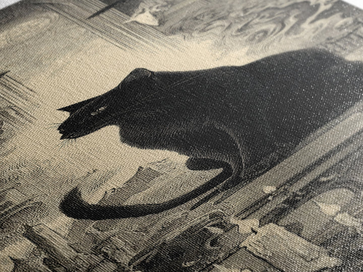 The Black Cat Familiar, Gothic Engraving Art, Tall Narrow Wall Art, Macabre Wall Art, Framed Canvas Print, Halloween Wall Art