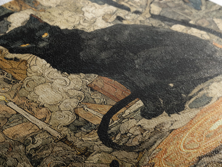 The Black Cat Familiar, Gothic Storybook Art, Square Wall Art, Macabre Wall Art, Framed Canvas Print, Halloween Wall Art