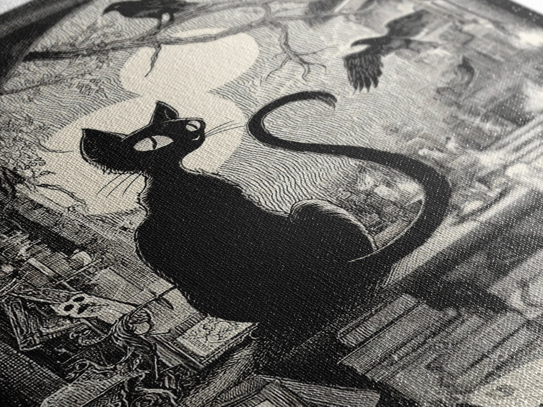 The Black Cat Familiar, Victorian Macabre Art, Vertical Wall Art, Dark Fantasy Wall Art, Framed Canvas Print, Halloween Wall Art
