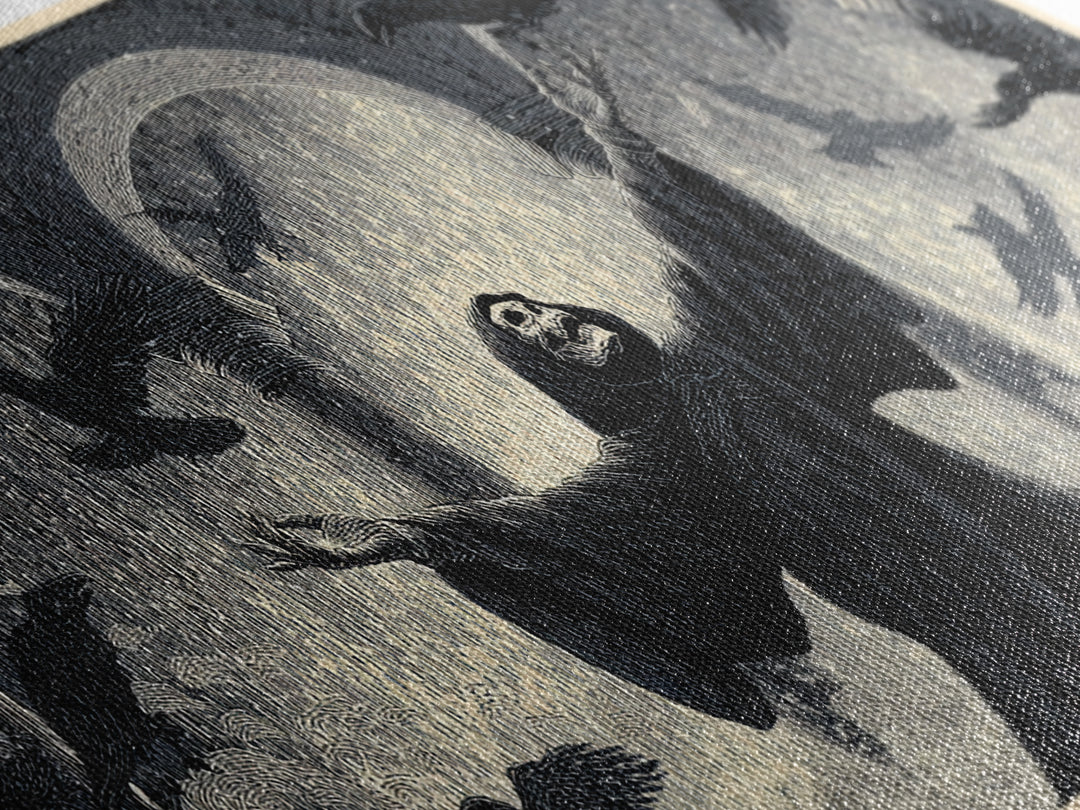 The Raven Keeper, Macabre Folk Print Art, Wide Panoramic Art, Dark Fantasy Wall Art, Canvas Print, Halloween Wall Art