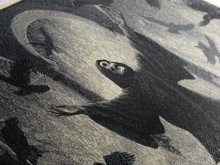 The Raven Keeper, Macabre Folk Print Art, Wide Panoramic Art, Dark Fantasy Wall Art, Canvas Print, Halloween Wall Art