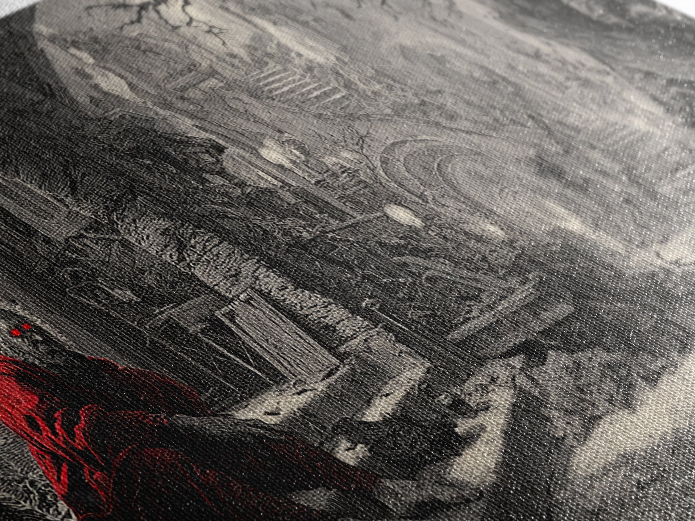 The Red-Eyed Night Hag, Architectural Etching Art, Wide Panoramic Art, Macabre Wall Art, Canvas Print, Halloween Wall Art
