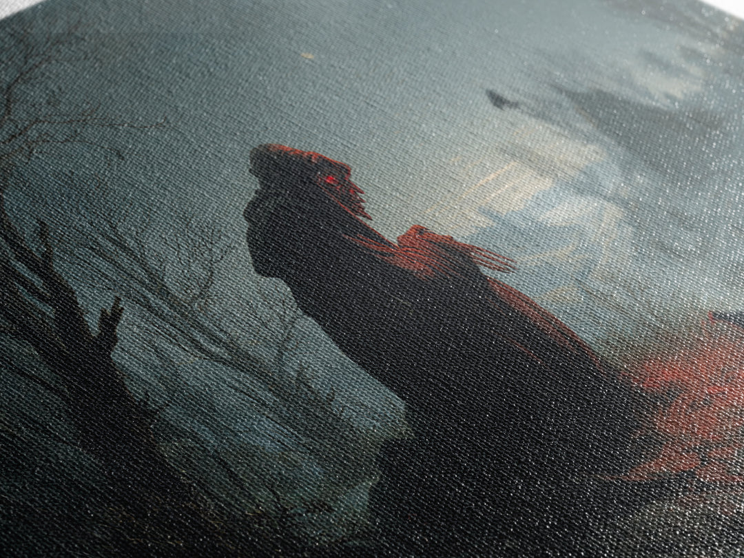 The Red-Eyed Night Hag, Romantic Gothic Landscape, Wide Panoramic Art, Dark Halloween Decor, Canvas Print, Halloween Wall Art
