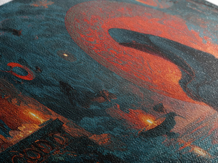 The Red-Eyed Night Hag, Symbolist Gothic Landscape, Wide Panoramic Art, Dark Halloween Decor, Canvas Print, Halloween Wall Art