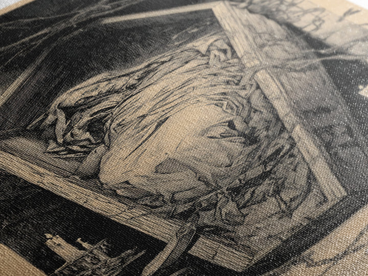 The Coffin Sleeper, Architectural Etching Art, Tall Narrow Wall Art, Gothic Horror Wall Art, Canvas Print, Halloween Wall Art