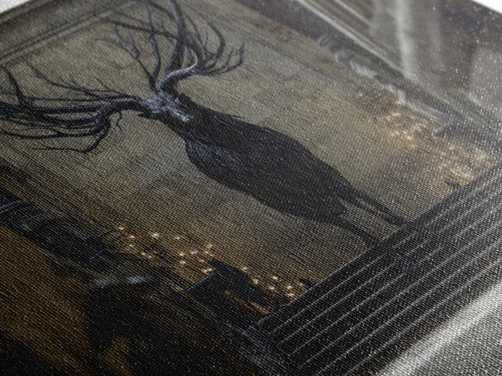 The Antlered Forest Spirit, Architectural Etching Art, Landscape Wall Art, Dark Fantasy Wall Art, Canvas Print