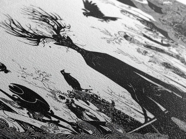 The Antlered Forest Spirit, Decadent Line Art, Extra Wide Wall Art, Dark Fantasy Wall Art, Canvas Print, Halloween Wall Art