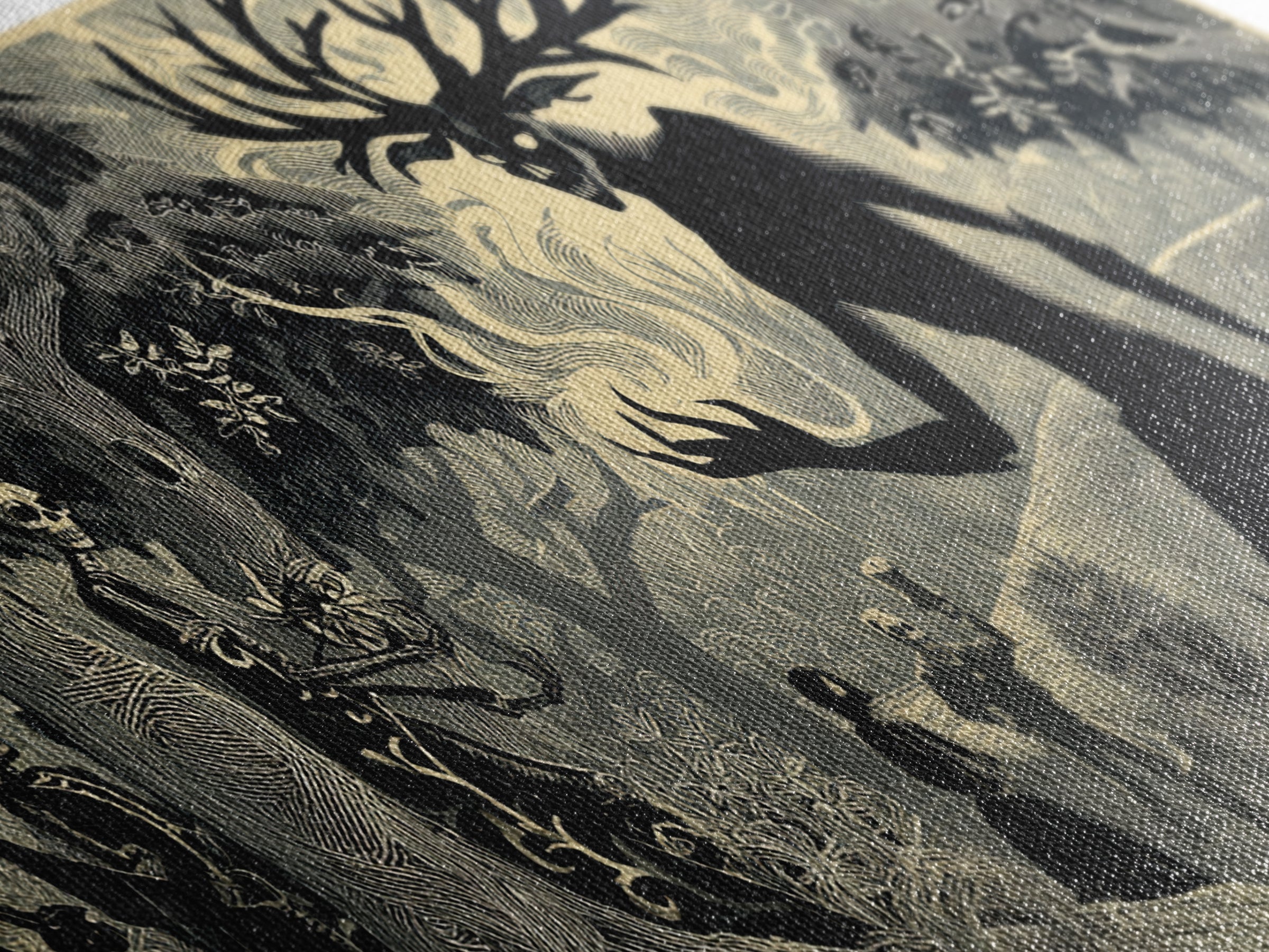 The Antlered Forest Spirit, Macabre Folk Print Art, Wide Panoramic Art, Dark Fantasy Wall Art, Canvas Print, Halloween Wall Art