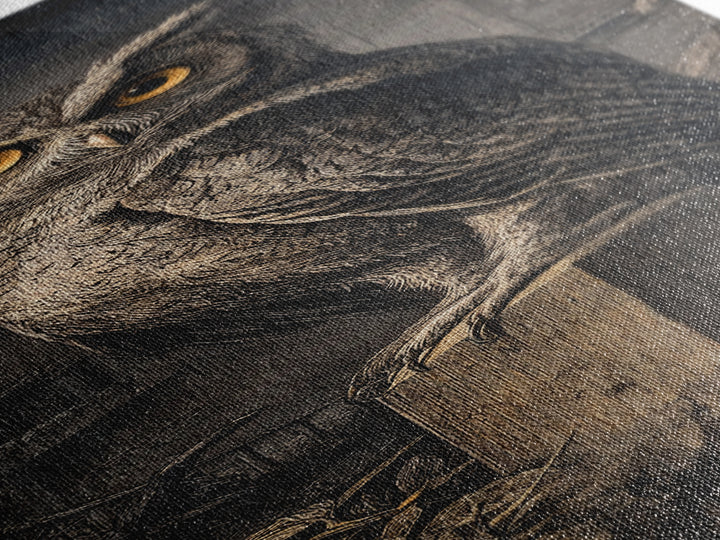The Owl-Faced Omen, Architectural Etching Art, Tall Narrow Wall Art, Dark Fantasy Wall Art, Canvas Print, Halloween Wall Art