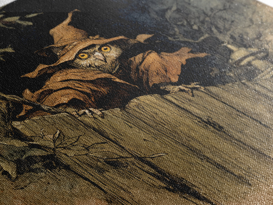 The Owl-Faced Omen, Gothic Storybook Art, Square Wall Art, Dark Halloween Decor, Framed Canvas Print, Halloween Wall Art