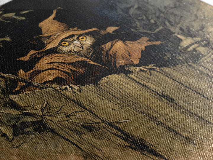 The Owl-Faced Omen, Gothic Storybook Art, Square Wall Art, Dark Halloween Decor, Framed Canvas Print, Halloween Wall Art