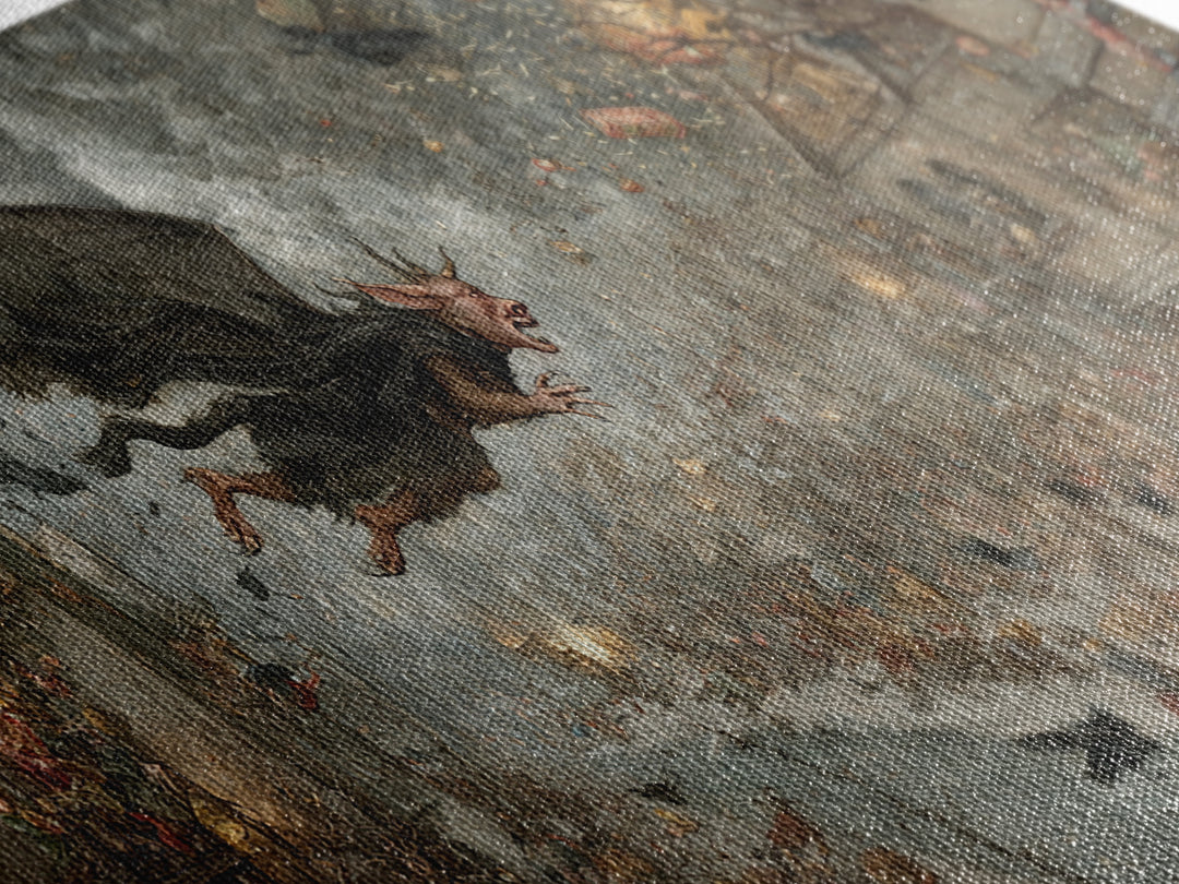 The Bat-Winged Imp, Northern Renaissance Horror, Wide Panoramic Art, Macabre Wall Art, Framed Canvas Print, Halloween Wall Art