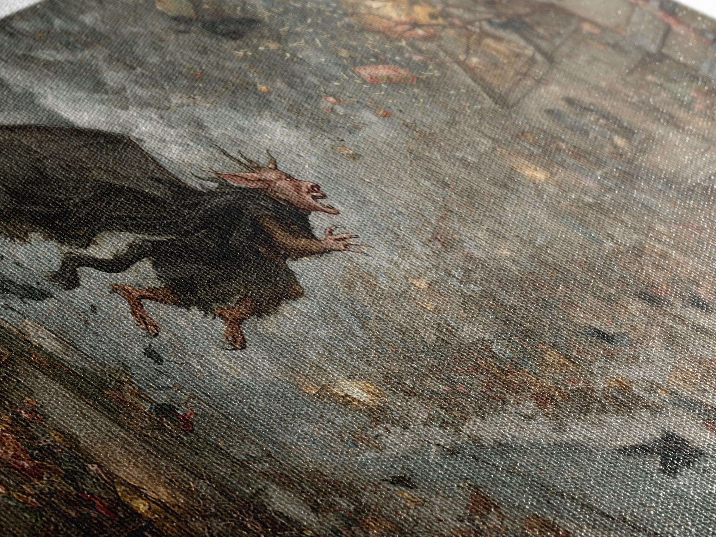 The Bat-Winged Imp, Northern Renaissance Horror, Wide Panoramic Art, Macabre Wall Art, Framed Canvas Print, Halloween Wall Art