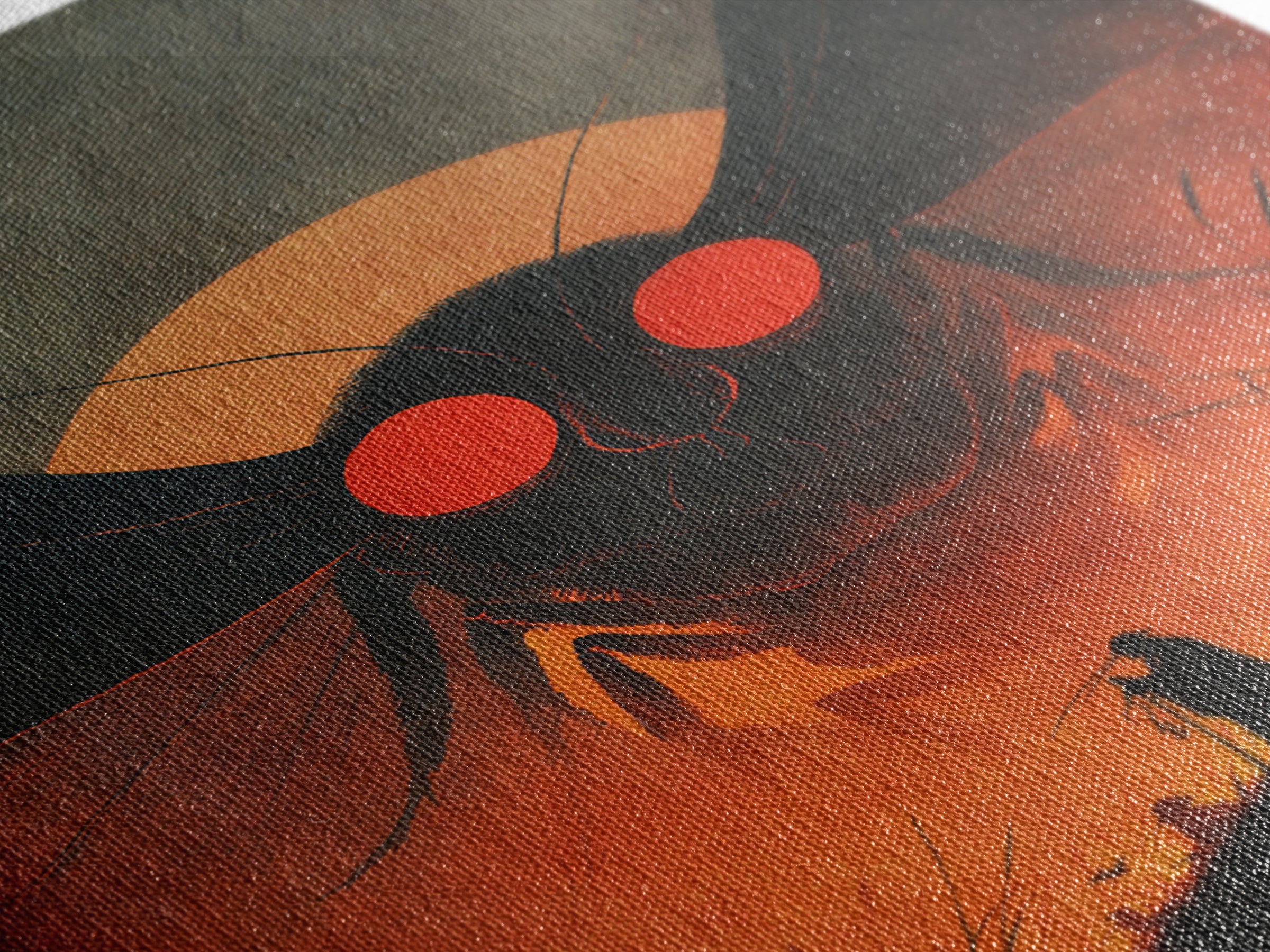 The Red-Eyed Moth Creature, Symbolist Etching Art, Vertical Wall Art, Dark Halloween Decor, Framed Canvas Print, Halloween Wall Art