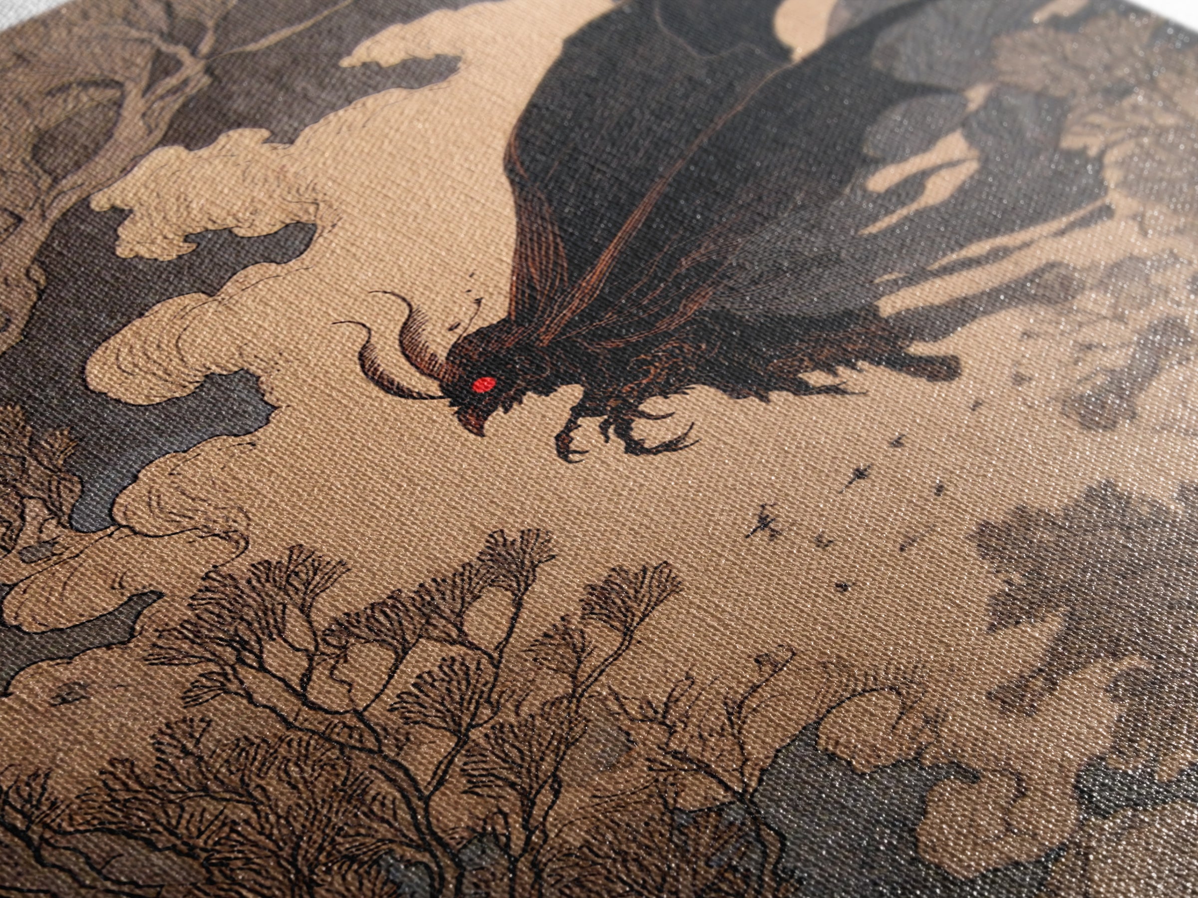 The Red-Eyed Moth Creature, Gothic Storybook Art, Vertical Wall Art, Macabre Wall Art, Canvas Print, Halloween Wall Art