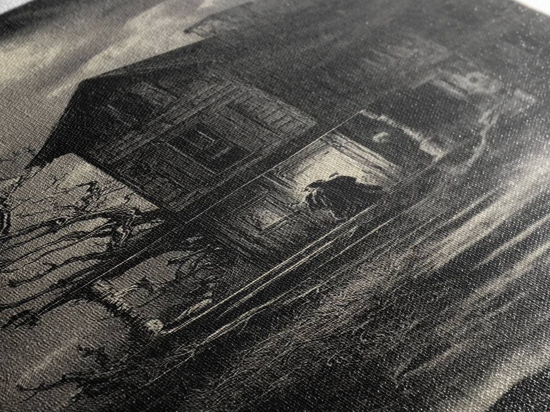 The Possessed Farmhouse, Gothic Engraving Art, Tall Narrow Wall Art, Macabre Wall Art, Canvas Print, Halloween Wall Art