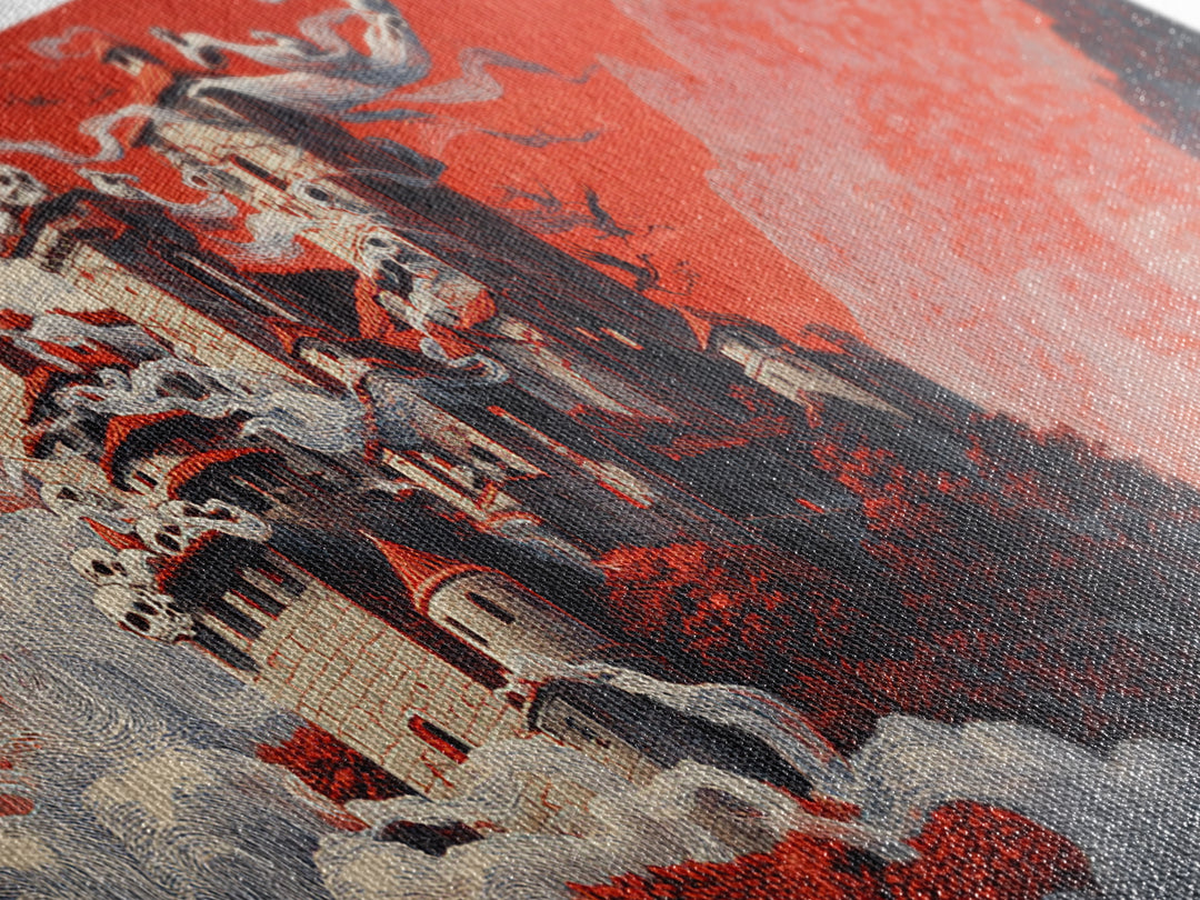 The Vampire Castle, Macabre Folk Print Art, Wide Panoramic Art, Dark Halloween Decor, Canvas Print, Halloween Wall Art