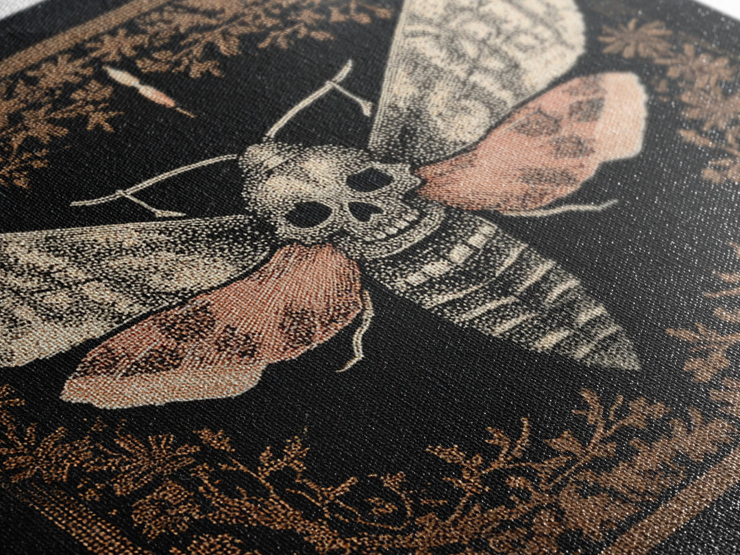 Moth with Skull Pattern on Black Ground Framed Canvas Print, Dark Art, Unique Wall Decor, Living Room Decor, Fine Art, Nocturne, DAR-1x1-39