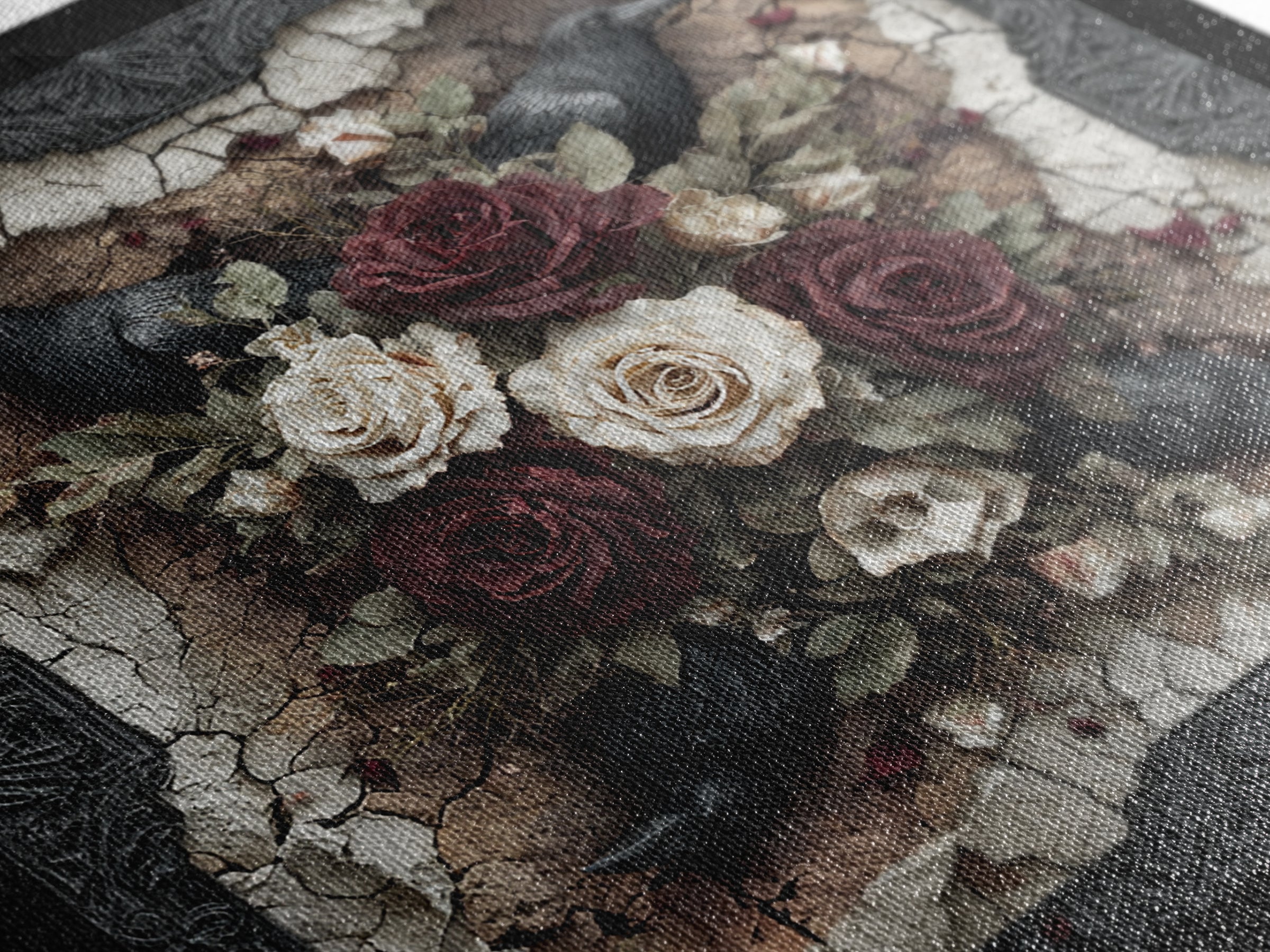 Black Roses Blooming from Cracked Stone Canvas Print, Dark Art, Fantasy Art, Living Room Decor, Fine Art, Nocturne, DAR-1x1-50