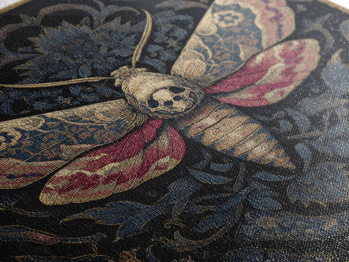 Moth with Skull Pattern on Black Ground Framed Canvas Print, Dark Art, Neutral Decor, Living Room Decor, Fine Art, Nocturne, DAR-1x1-63
