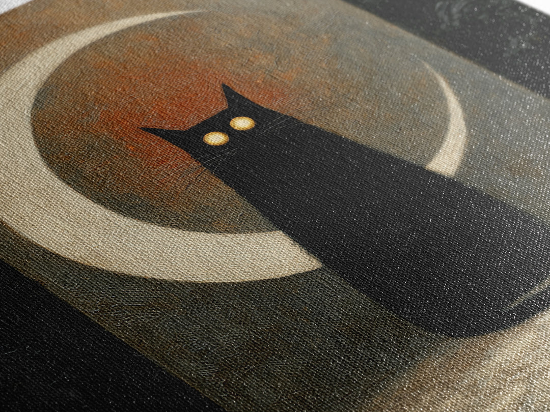 Black Cat with Glowing Eyes under Crescent Canvas Print, Dark Art, Statement Artwork, Living Room Decor, Fine Art, Nocturne, DAR-1x1-9
