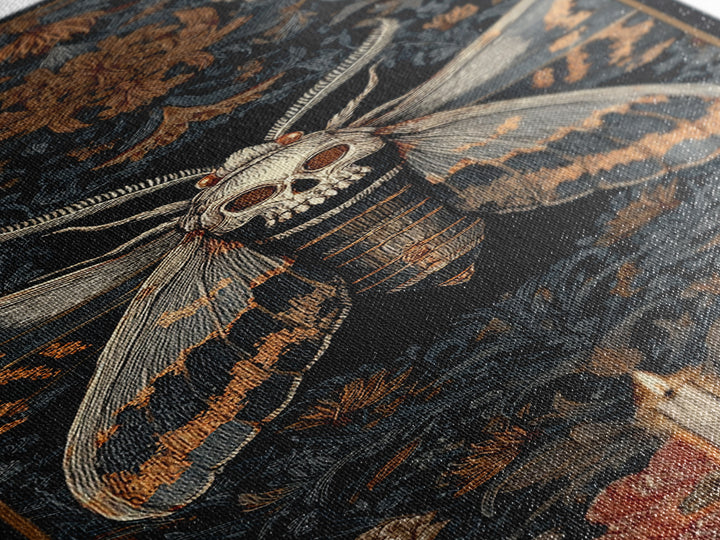 Moth with Skull Pattern on Black Ground Canvas Print, Dark Art, Printable Art, Living Room Decor, Oil Painting, Nocturne, DAR-1x3-27