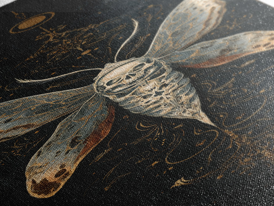 Moth with Skull Pattern on Black Ground Framed Canvas Print, Dark Art, Neutral Decor, Living Room Decor, Fine Art, Nocturne, DAR-1x3-75
