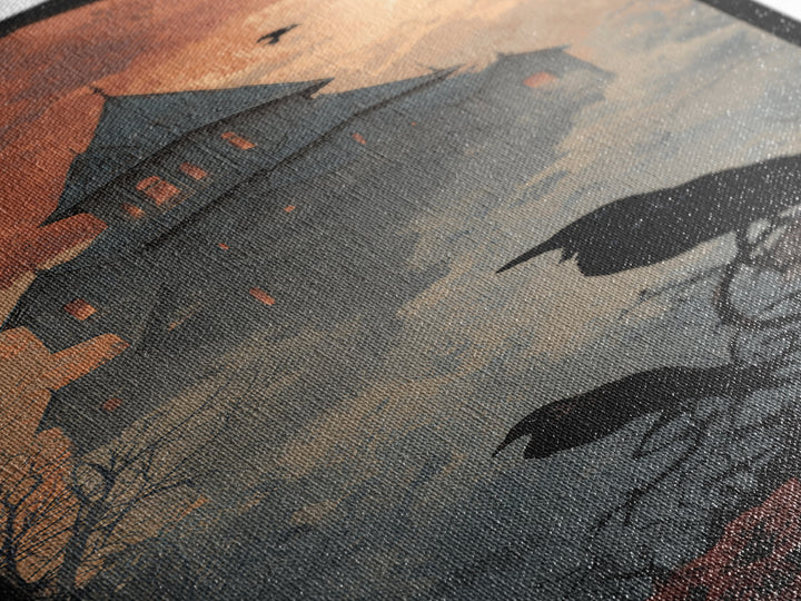 Haunted Mansion Silhouette on Distant Hill Canvas Print, Dark Art, Wall Art, Living Room Decor, Oil Painting, Nocturne, DAR-1x3-90