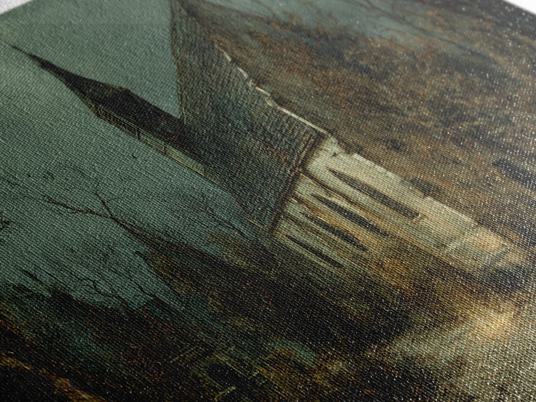 The Overgrown Chapel, Northern Renaissance Horror, Wide Panoramic Art, Dark Halloween Decor, Canvas Print, Halloween Wall Art
