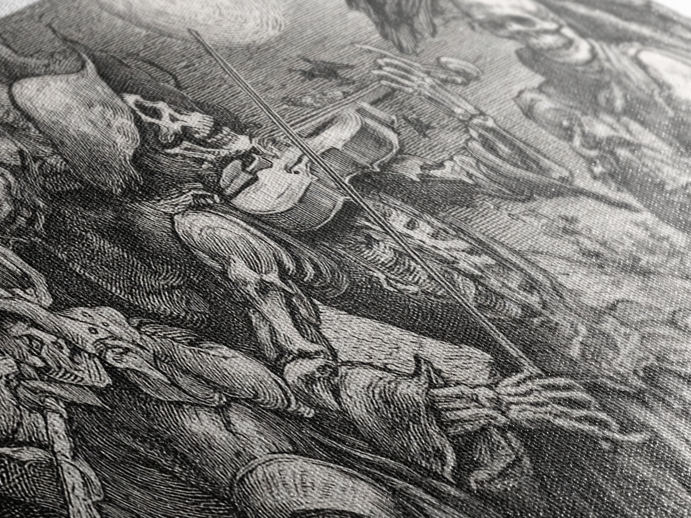 The Skeleton Orchestra, Renaissance Engraving Art, Wide Panoramic Art, Macabre Wall Art, Framed Canvas Print, Halloween Wall Art