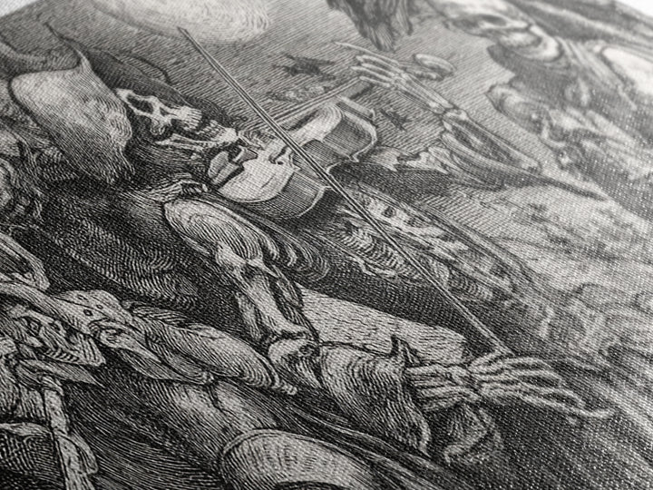 The Skeleton Orchestra, Renaissance Engraving Art, Wide Panoramic Art, Macabre Wall Art, Framed Canvas Print, Halloween Wall Art