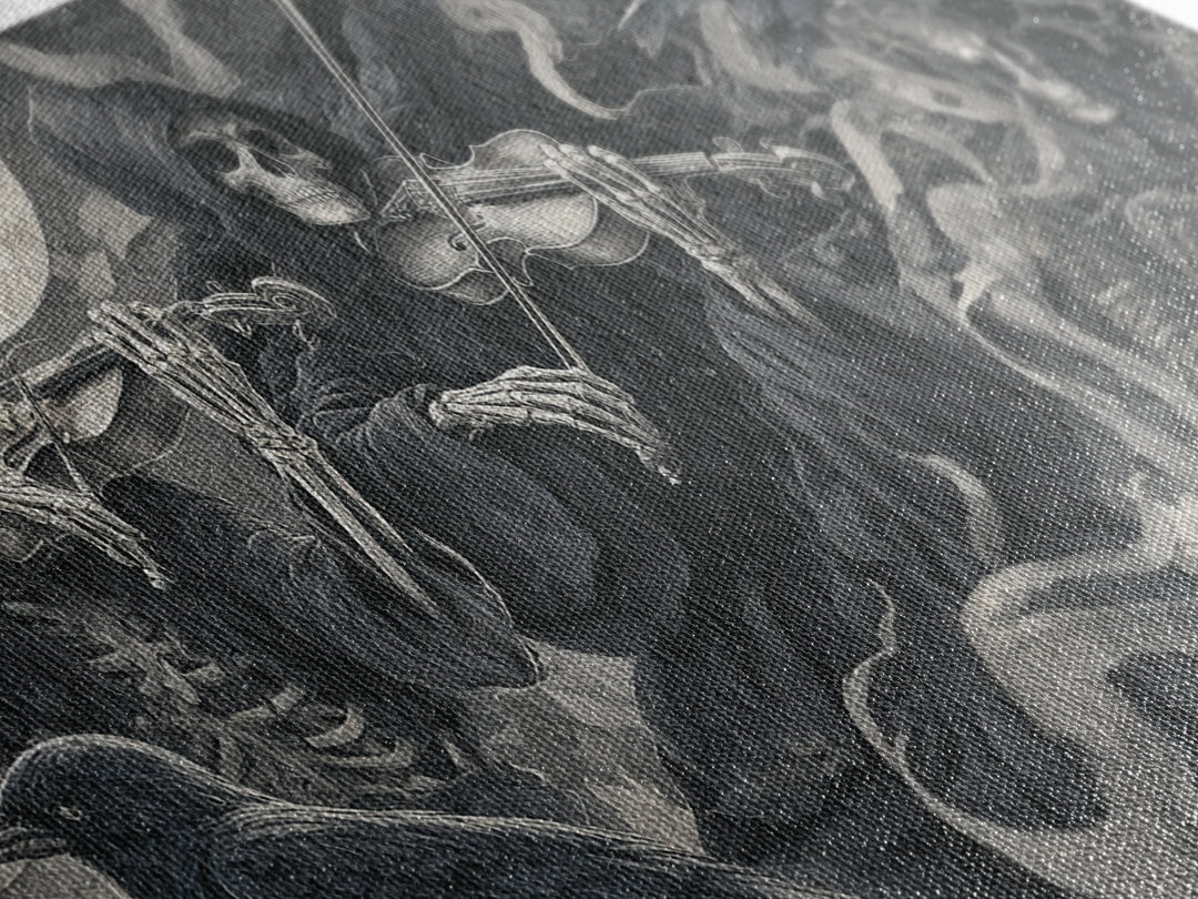The Skeleton Orchestra, Biomechanical Horror Art, Wide Panoramic Art, Macabre Wall Art, Framed Canvas Print, Halloween Wall Art