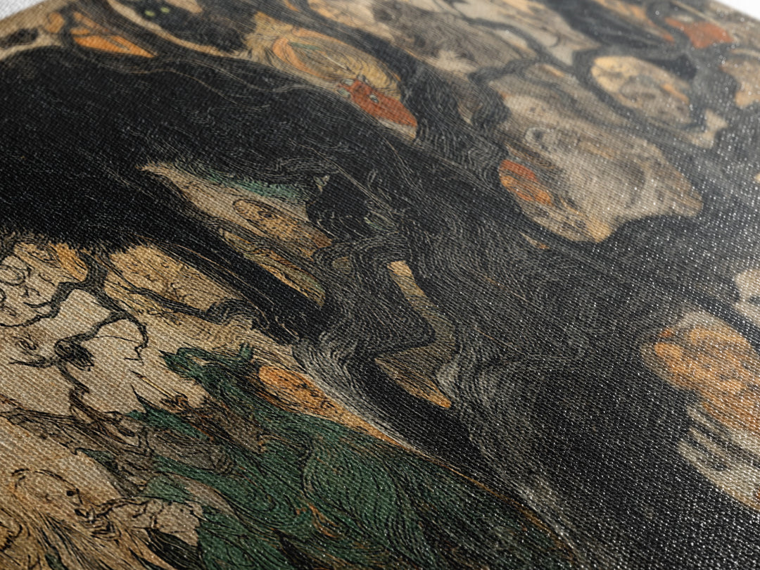 The Black Cat Gathering, Dark Renaissance Art, Wide Panoramic Art, Dark Halloween Decor, Canvas Print, Halloween Wall Art