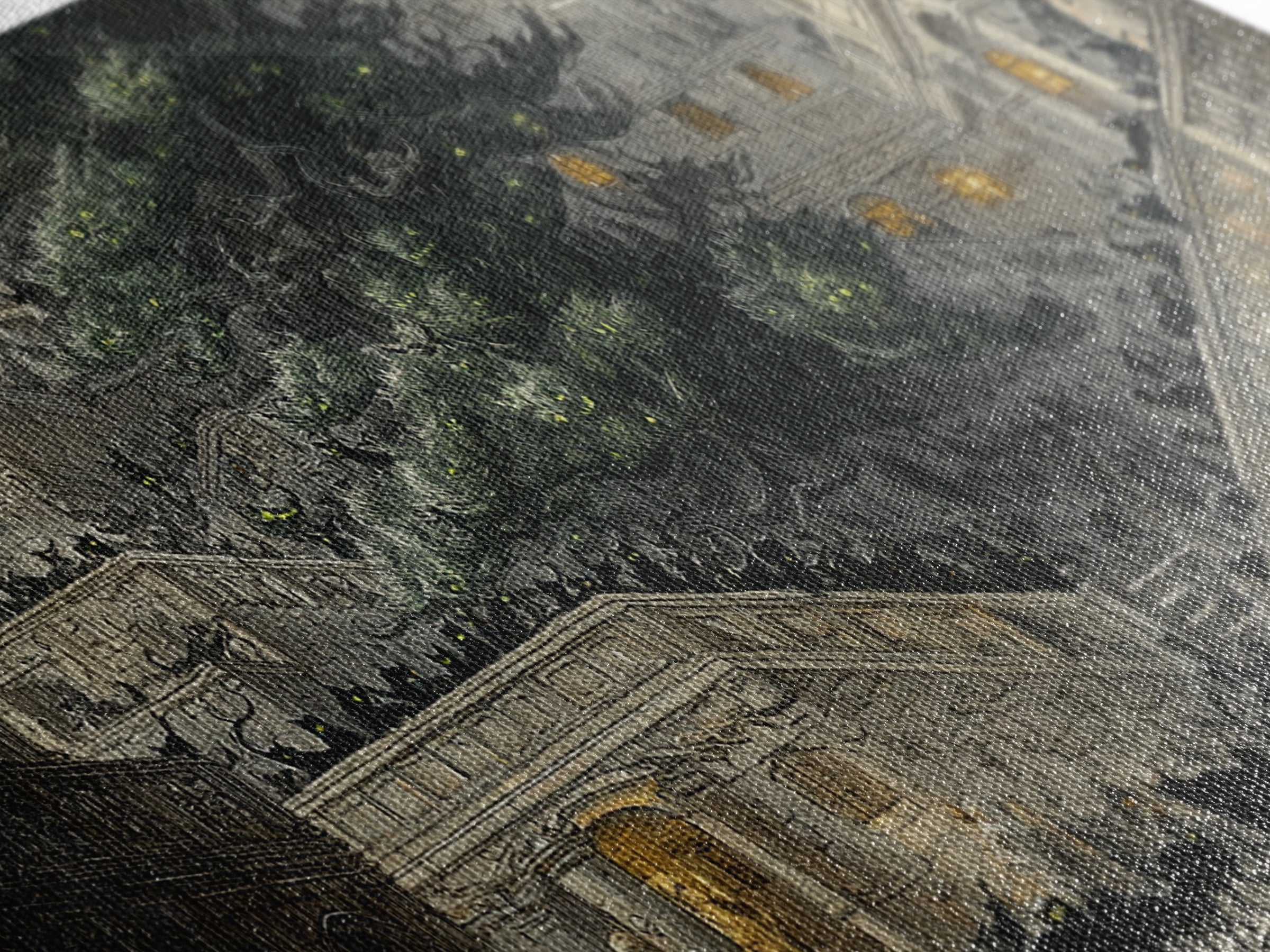 The Black Cat Gathering, Architectural Etching Art, Wide Panoramic Art, Macabre Wall Art, Canvas Print, Halloween Wall Art