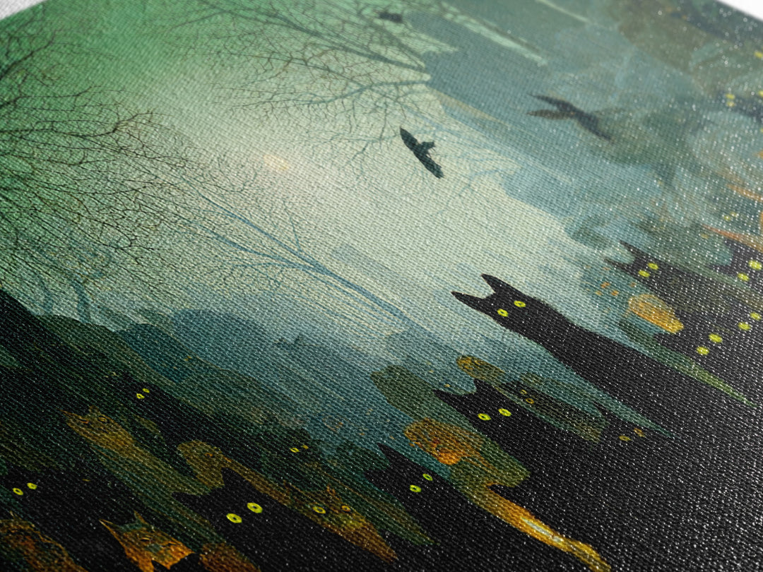 The Black Cat Gathering, Romantic Gothic Landscape, Wide Panoramic Art, Dark Fantasy Wall Art, Canvas Print, Halloween Wall Art