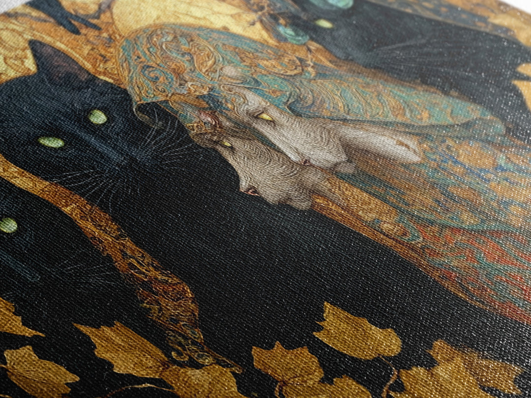 The Black Cat Gathering, Ornate Symbolist Art, Wide Panoramic Art, Gothic Horror Wall Art, Canvas Print, Halloween Wall Art