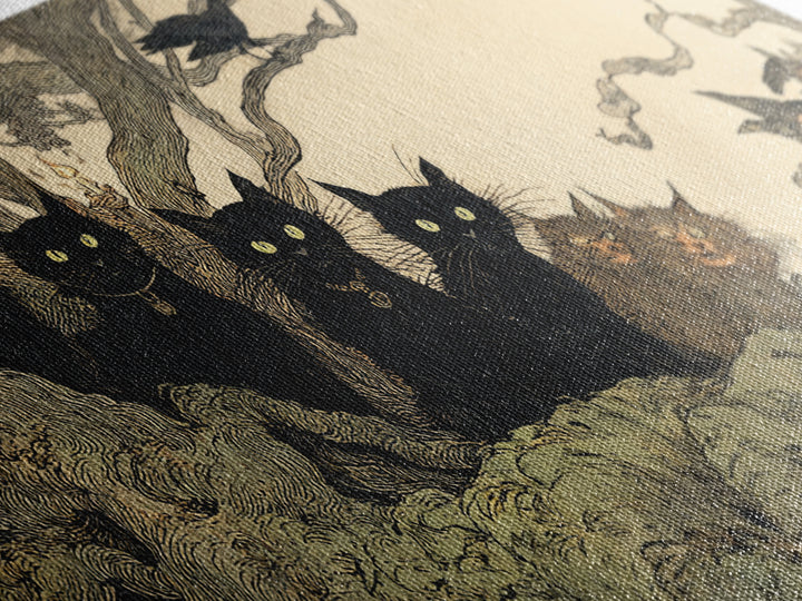 The Black Cat Gathering, Gothic Storybook Art, Wide Panoramic Art, Dark Halloween Decor, Framed Canvas Print, Halloween Wall Art