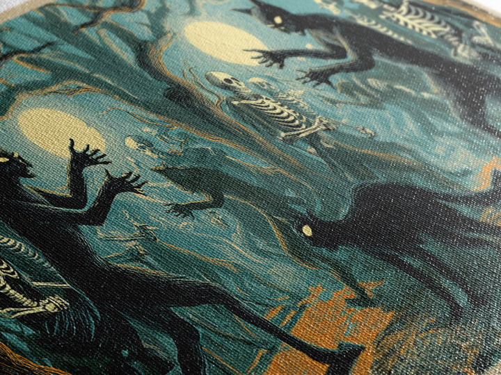 The Black Cat Gathering, Macabre Folk Print Art, Wide Panoramic Art, Macabre Wall Art, Framed Canvas Print, Halloween Wall Art
