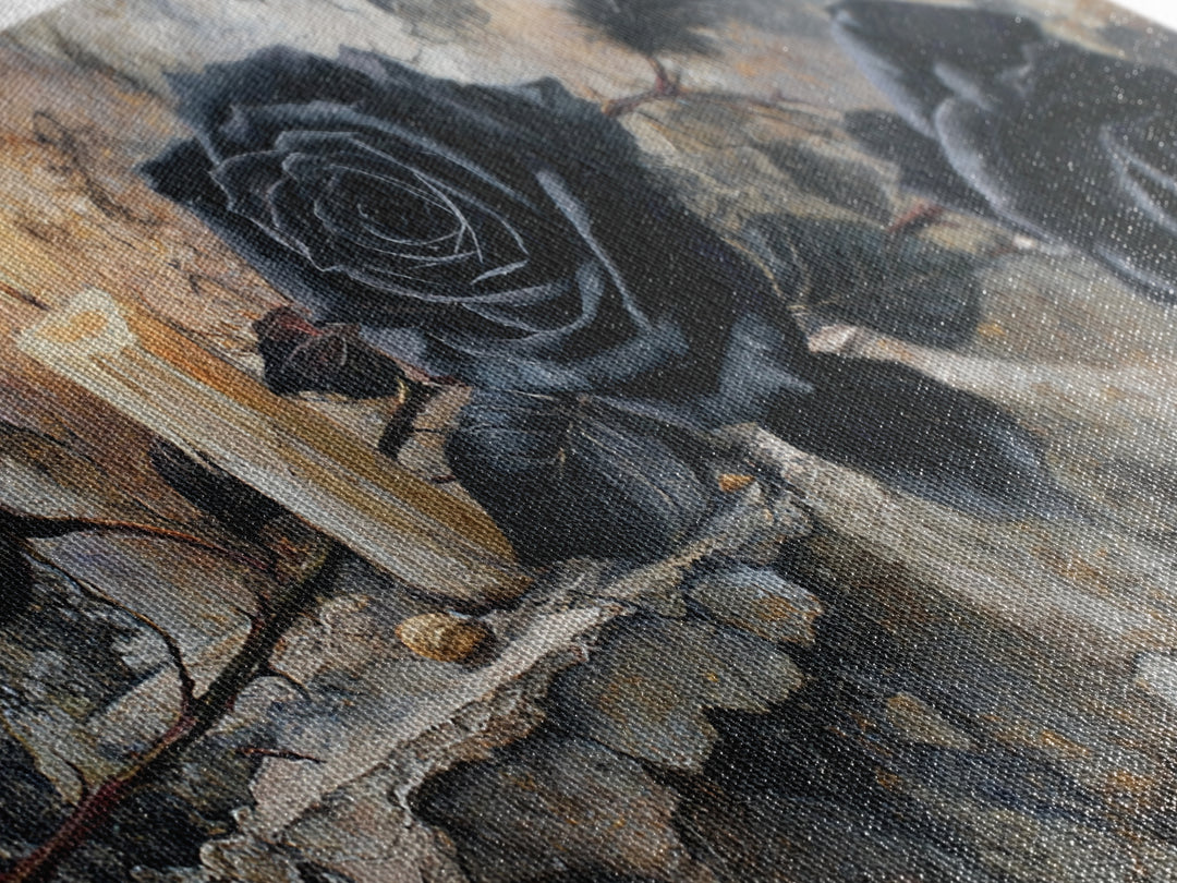 Black Roses Blooming from Cracked Stone Canvas Print, Dark Art, Textured Painting, Living Room Decor, Fine Art, Nocturne, DAR-2x1-22