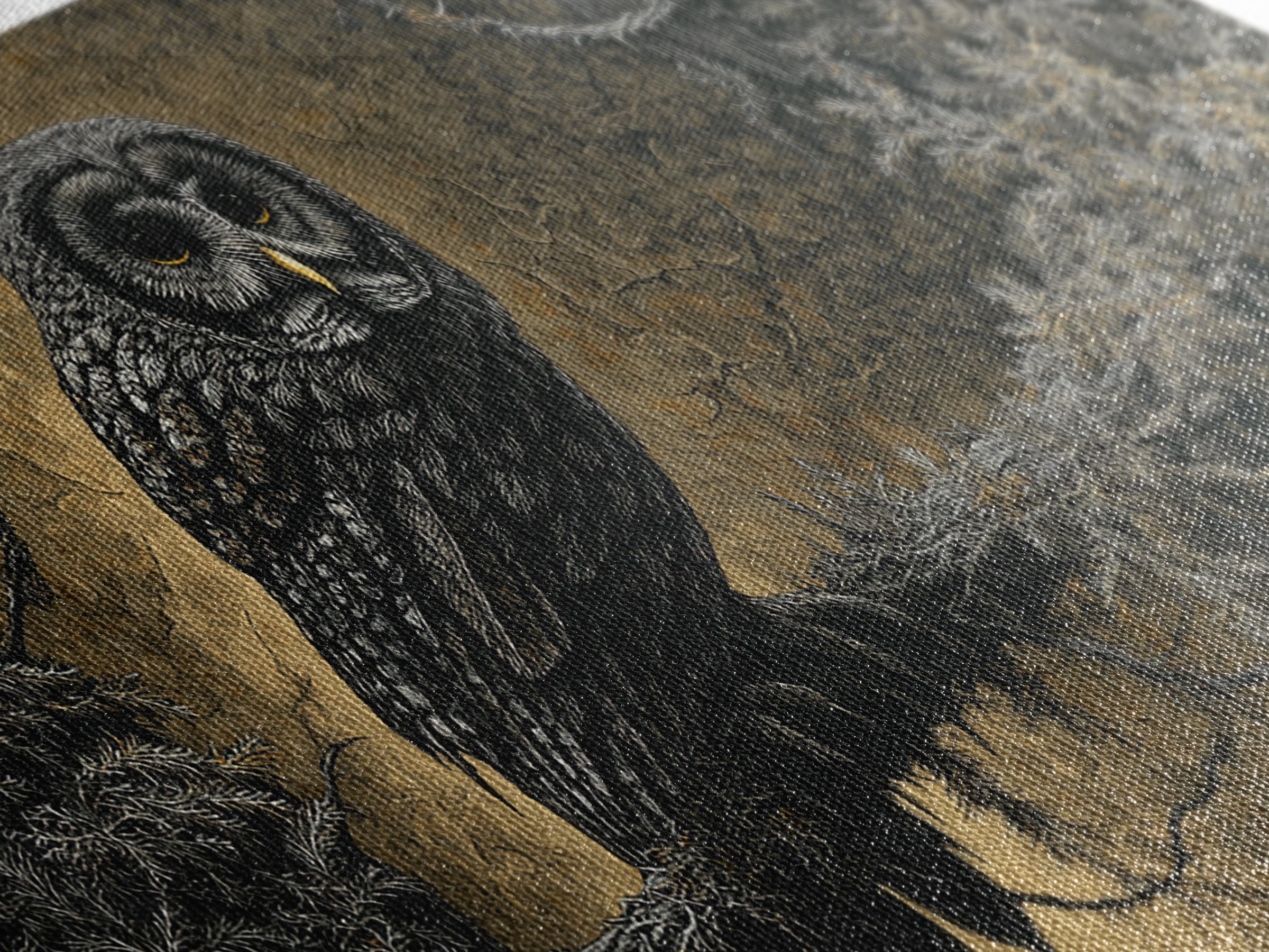 Owl in a Midnight Pine Forest Framed Canvas Print, Dark Art, Room Decor, Living Room Decor, Fine Art, Nocturne, Digital Art, DAR-2x1-42