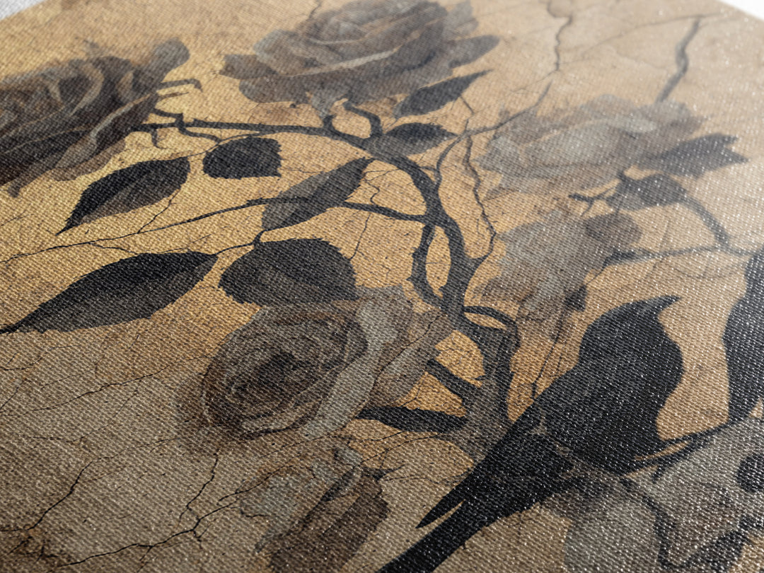 Black Roses Blooming from Cracked Stone Framed Canvas Print, Dark Art, Painting, Living Room Decor, Fine Art, Nocturne, DAR-2x3-34