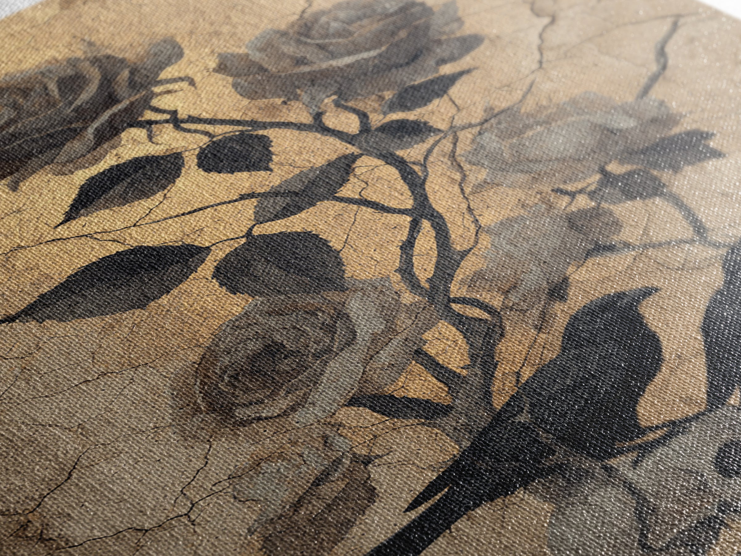 Black Roses Blooming from Cracked Stone Framed Canvas Print, Dark Art, Painting, Living Room Decor, Fine Art, Nocturne, DAR-2x3-34